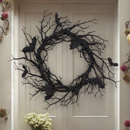 Midnight Radiance - Enchanted 45CM Halloween Wreath with Red LED Glimmer & Black Branch Illusion