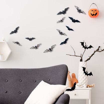 Gothic Flutter - 3D Black Bat Wall Decals: Halloween’s Eerie Ambiance Redefined