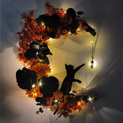 Mystic Meniscus Cat Wreath - A Whimsical Halloween Embrace for Your Door