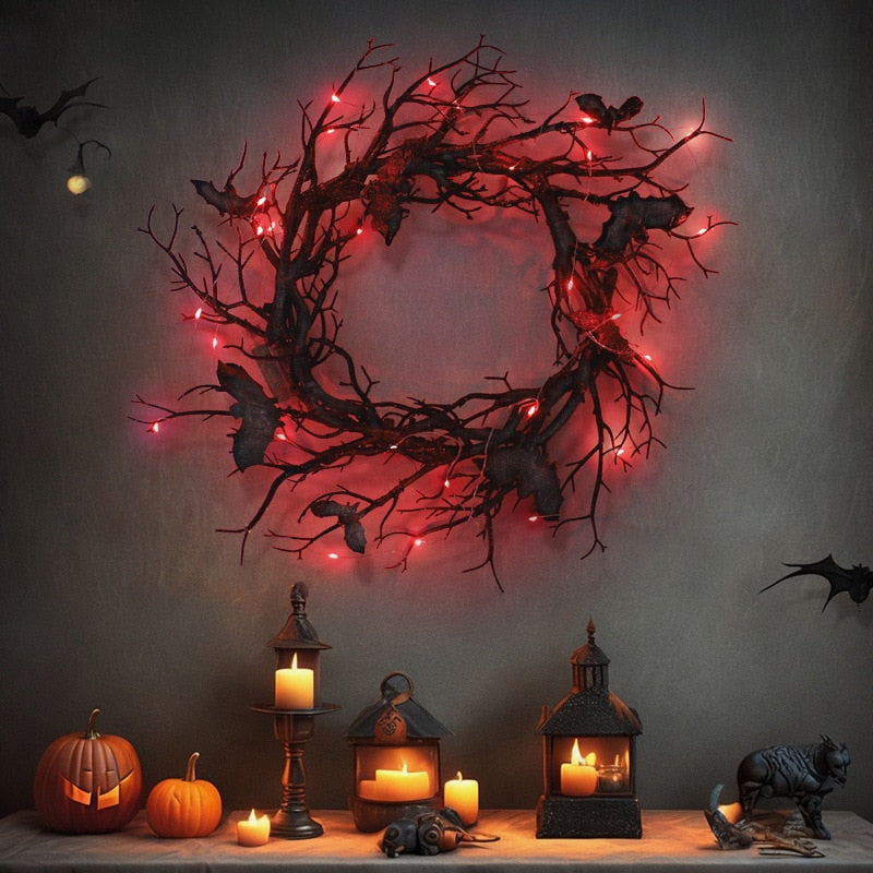 Midnight Radiance - Enchanted 45CM Halloween Wreath with Red LED Glimmer & Black Branch Illusion