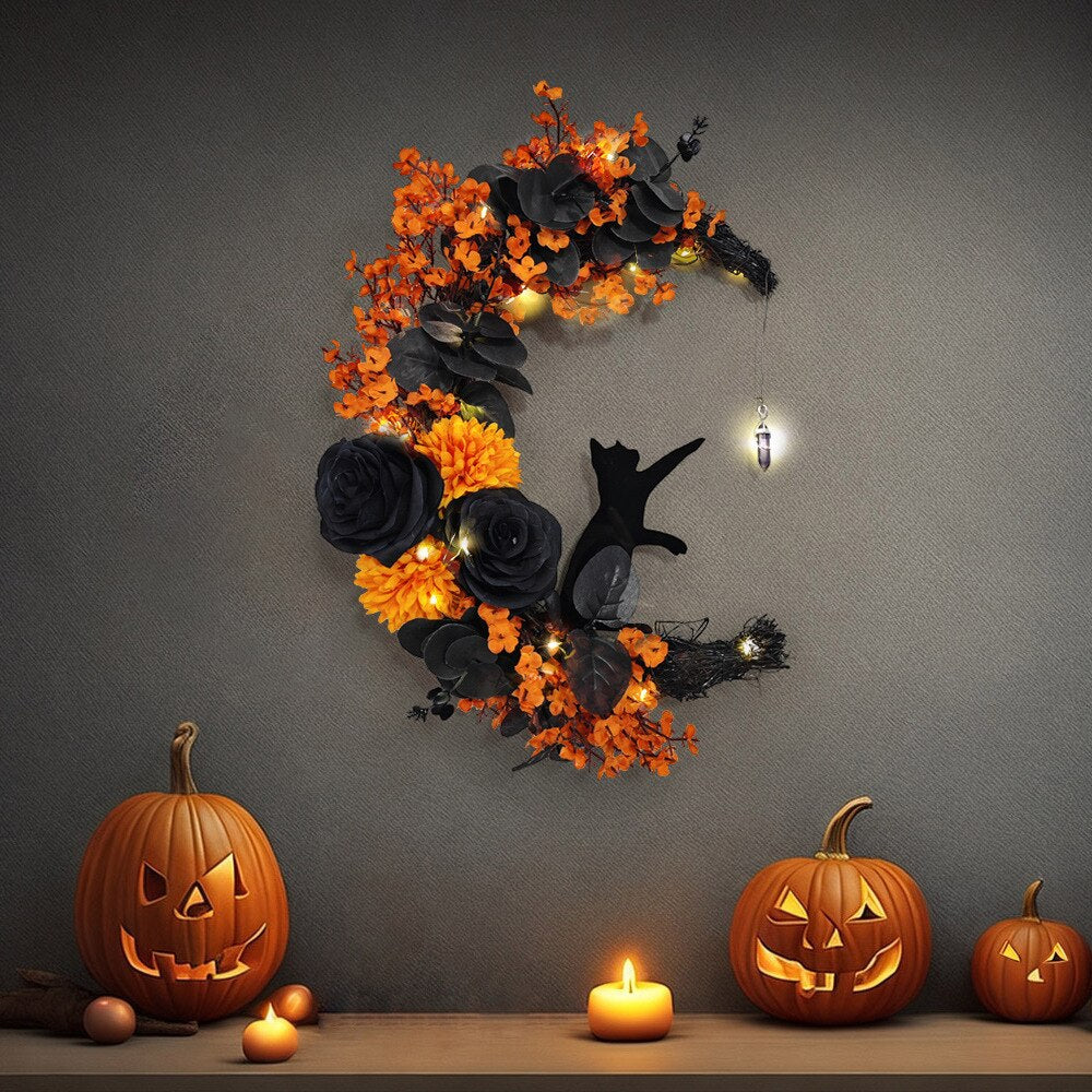 Mystic Meniscus Cat Wreath - A Whimsical Halloween Embrace for Your Door