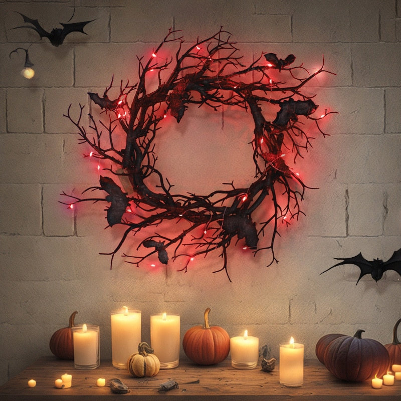 Midnight Radiance - Enchanted 45CM Halloween Wreath with Red LED Glimmer & Black Branch Illusion