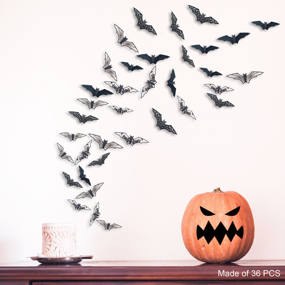 Gothic Flutter - 3D Black Bat Wall Decals: Halloween’s Eerie Ambiance Redefined