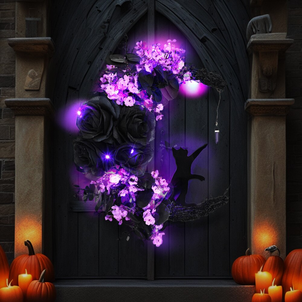 Mystic Meniscus Cat Wreath - A Whimsical Halloween Embrace for Your Door