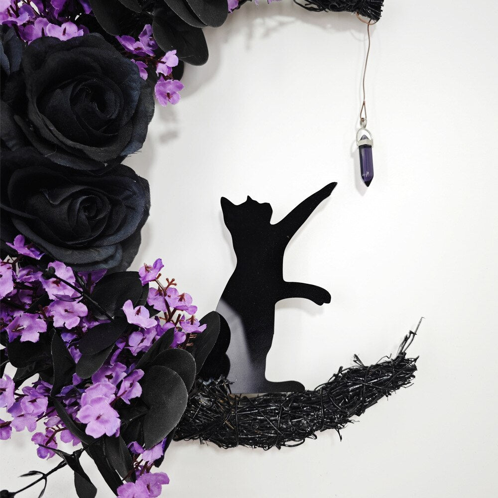 Mystic Meniscus Cat Wreath - A Whimsical Halloween Embrace for Your Door