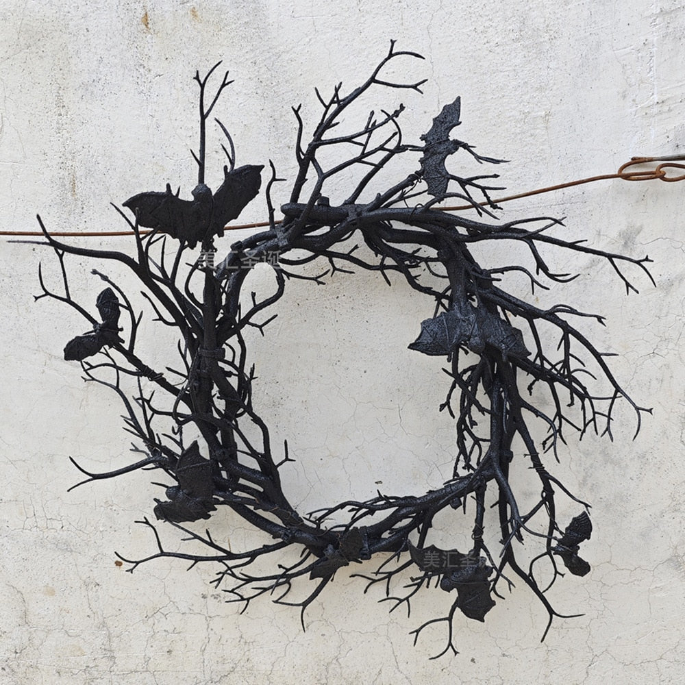 Midnight Radiance - Enchanted 45CM Halloween Wreath with Red LED Glimmer & Black Branch Illusion