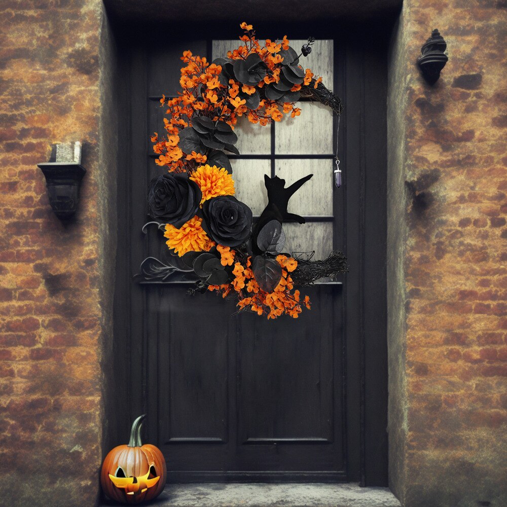 Mystic Meniscus Cat Wreath - A Whimsical Halloween Embrace for Your Door