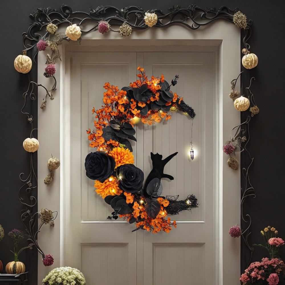 Mystic Meniscus Cat Wreath - A Whimsical Halloween Embrace for Your Door