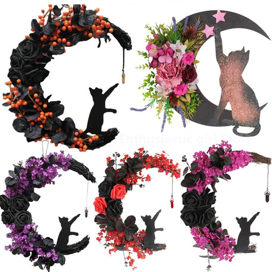 Enchanted Halloween Portal: Roses & Cat Accents - Premium Front Door Adornment for All-Season Display